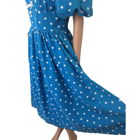 Blue Polka Dot Dress 80s Retro Open Back Cotton S - Picture 5 of 8